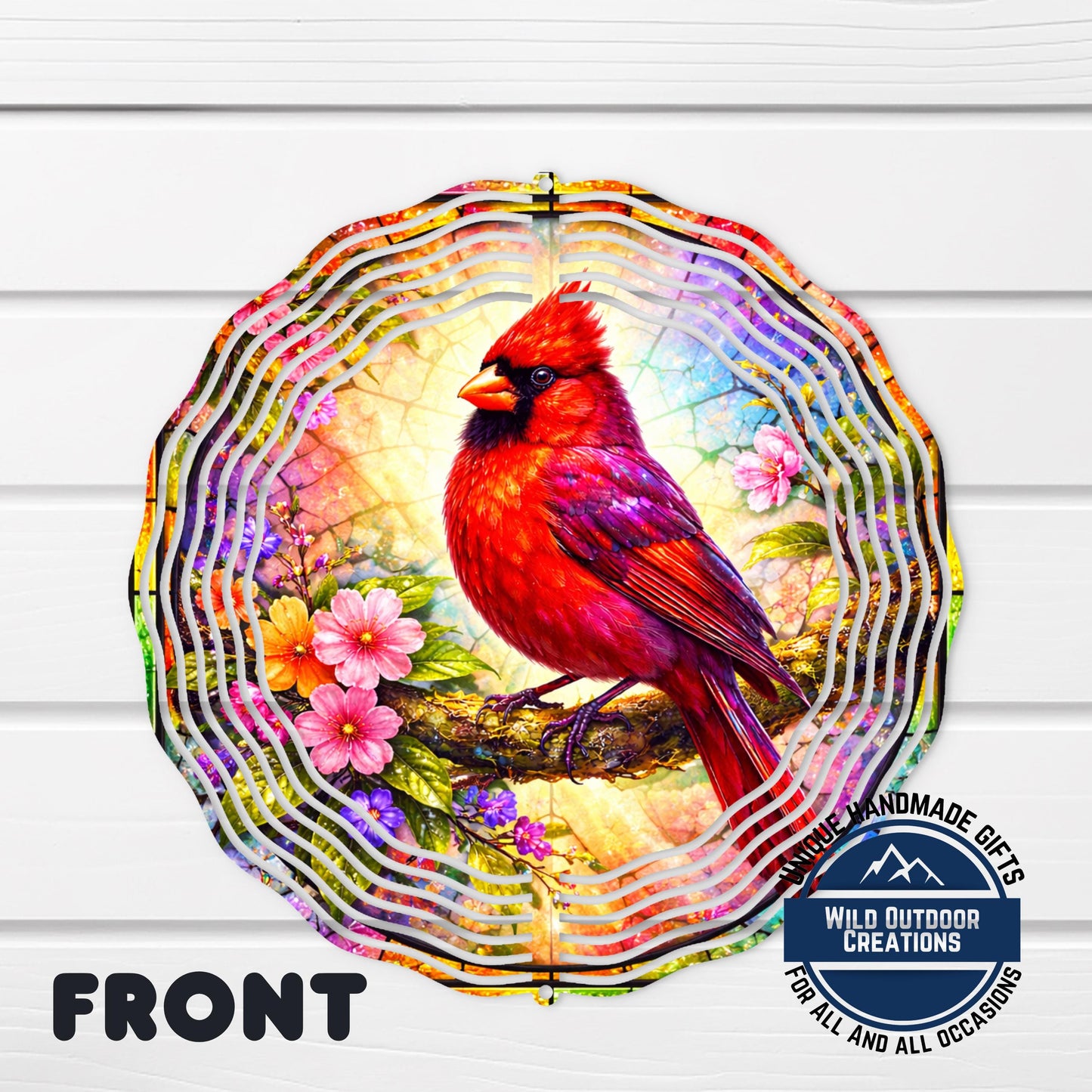 Cardinal Wind Spinner - 10 Inch Aluminum Outdoor Garden Decor With Pink Yellow Flowers