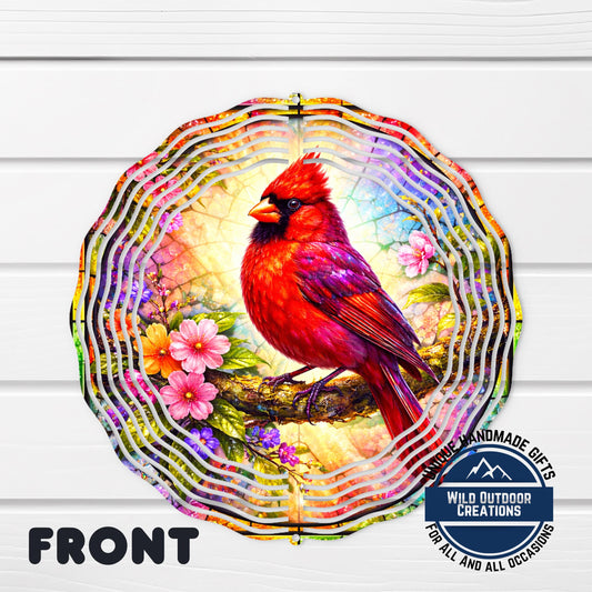 Cardinal Wind Spinner - 10 Inch Aluminum Outdoor Garden Decor With Pink Yellow Flowers