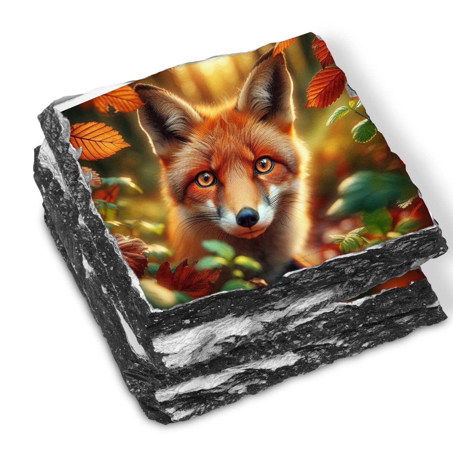 Fox Slate Coaster Set with Black Rack - 4 Rustic Fall Forest Design Coasters