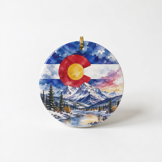 A decorative ornament featuring a painting of a mountainous landscape with a red and yellow color scheme, along with a Colorado state flag in the background.