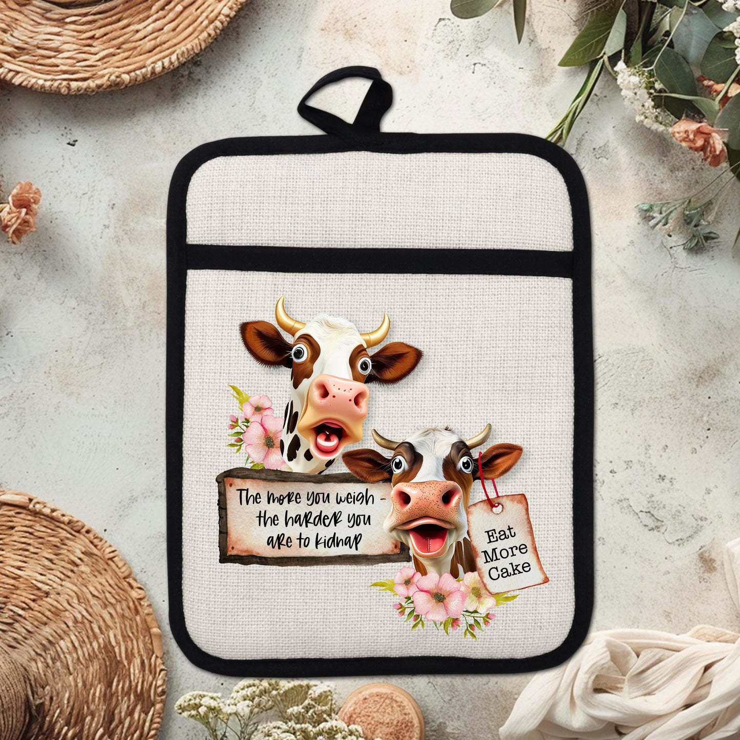 Funny Cow Pot Holder with Floral Design  Cake Quote - Charming Farmhouse Kitchen Gift