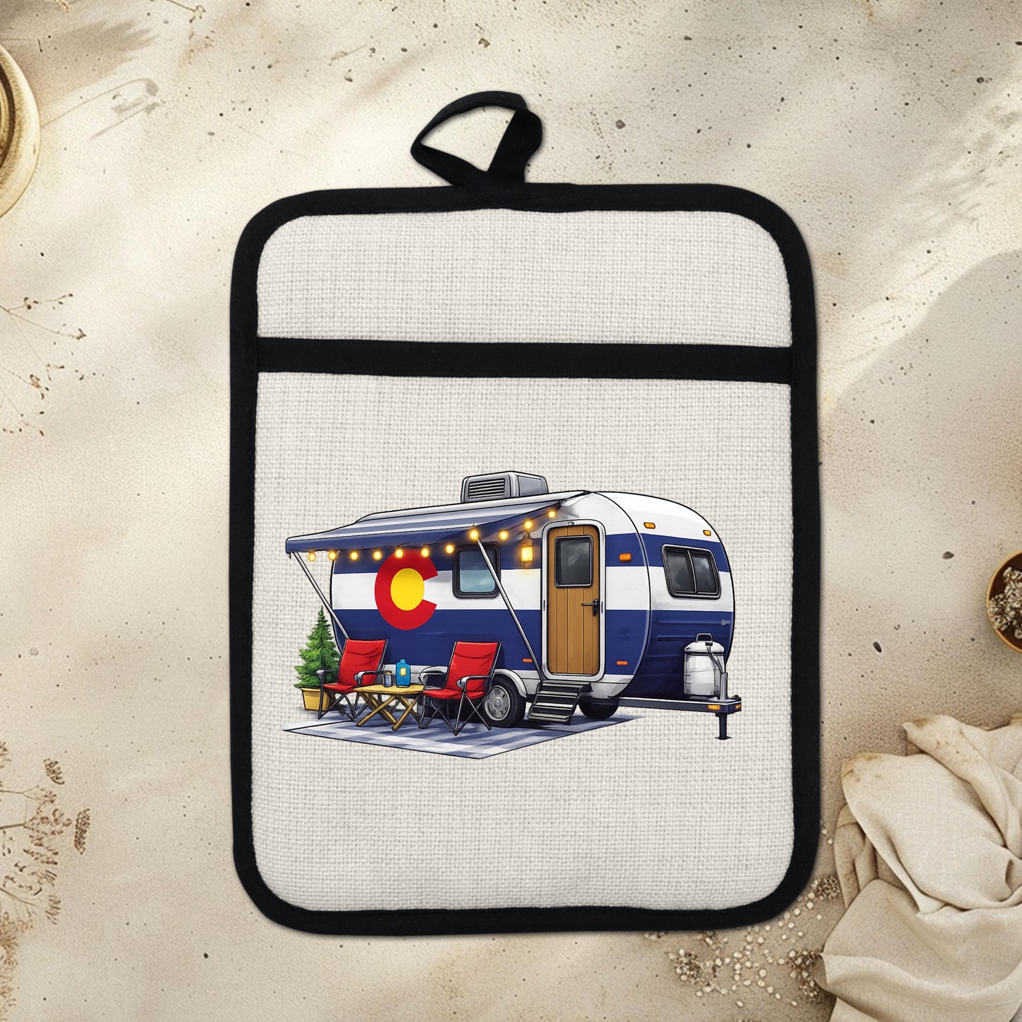 Colorado Camper Pot Holder - Linen Fabric, Silicone Heat Trivet With Loop
