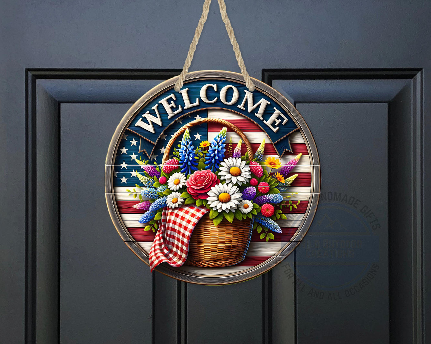 Patriotic Door Hanger - Aluminum Outdoor Sign With American Flag & Floral Basket
