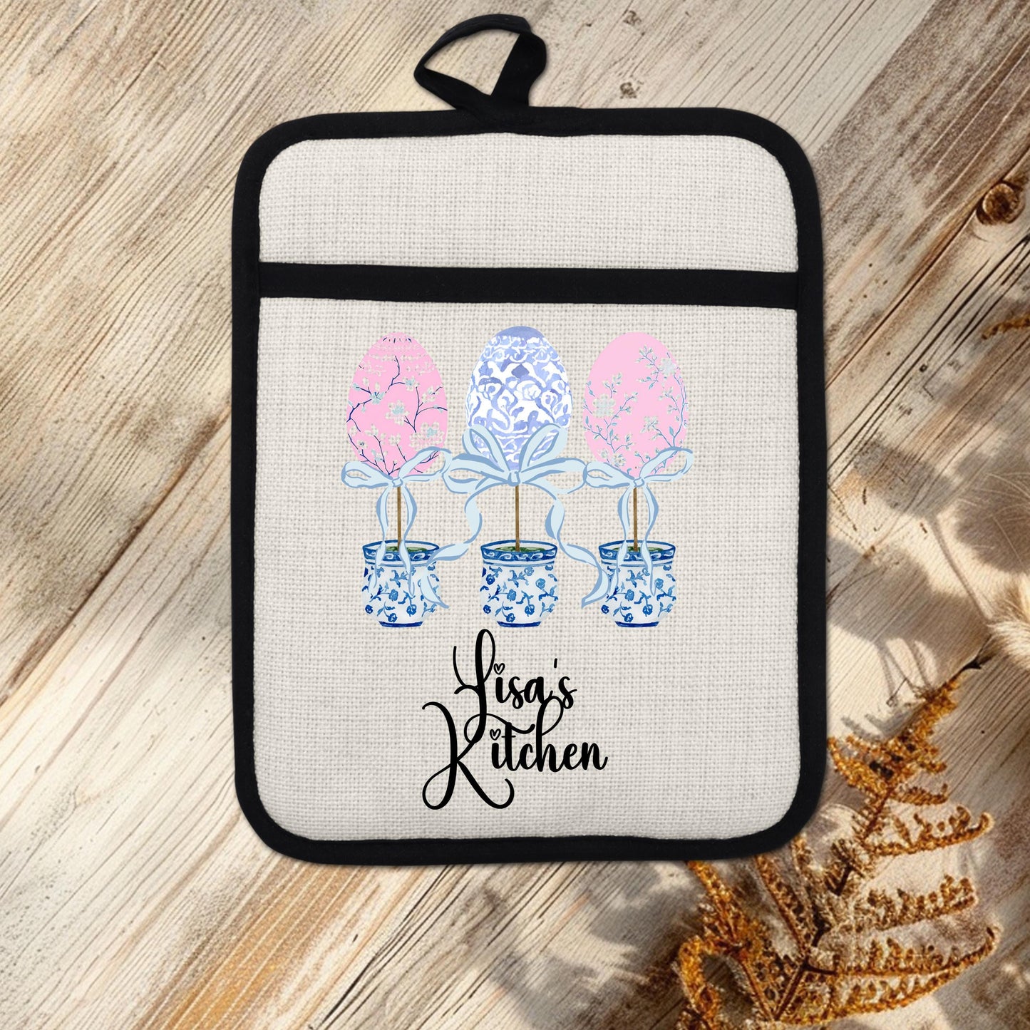 Personalized Easter Pot Holder – Custom Linen Kitchen Gift with Chinoiserie Eggs - alternate view