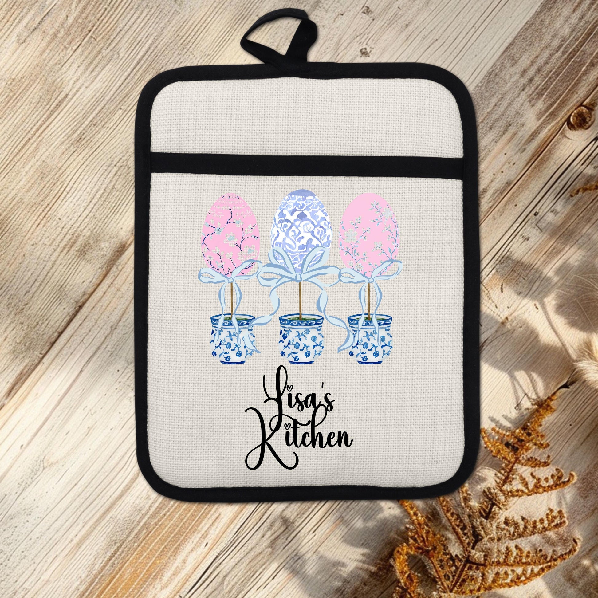 Personalized Easter Pot Holder – Custom Linen Kitchen Gift with Chinoiserie Eggs - alternate view