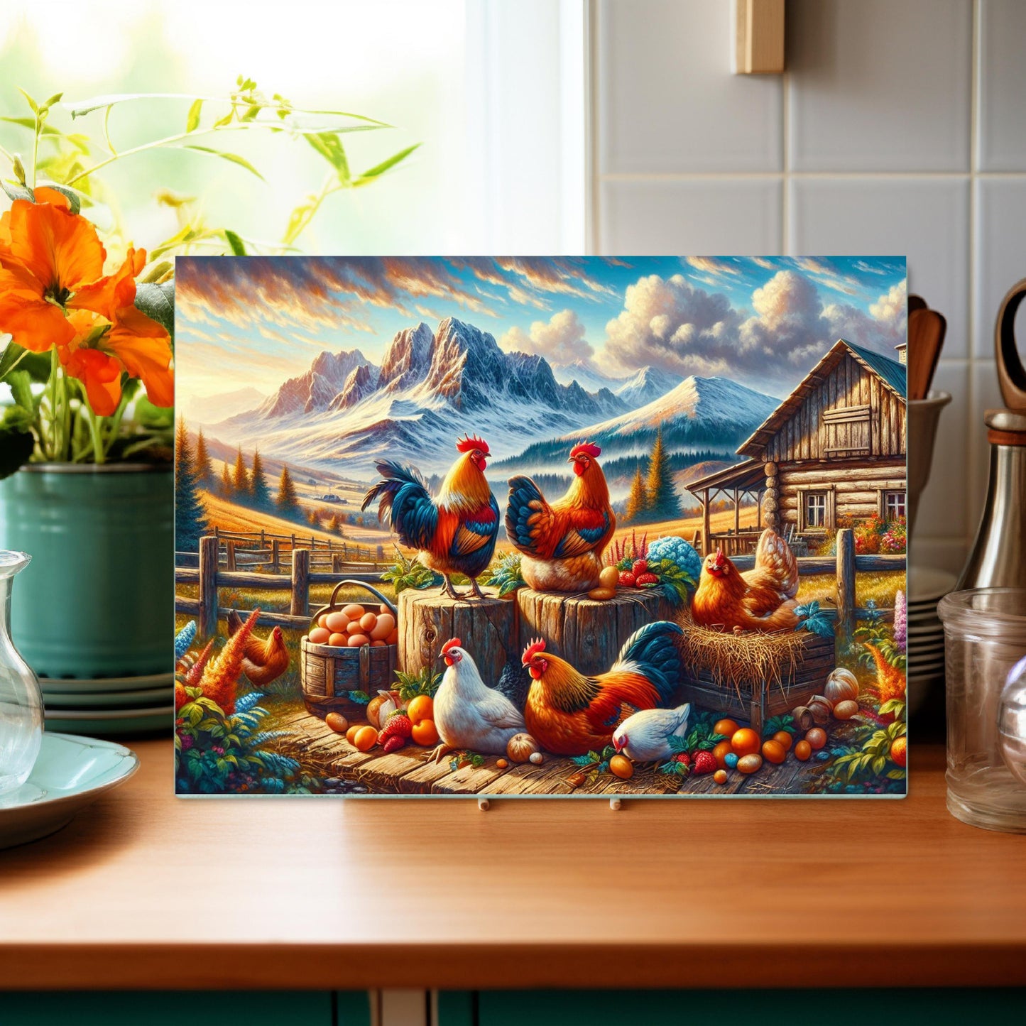 Mountain Farm Chicken Cutting Board - Rustic Glass Art Kitchen Decor Perfect Gift for Chicken Lovers