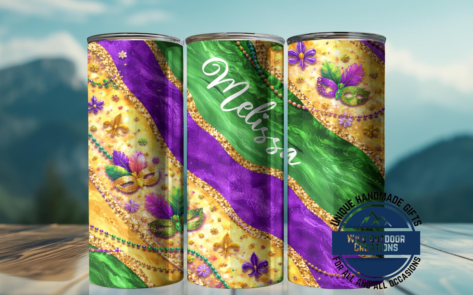 Custom Name Tumbler - Mardi Gras Mask Design | Glow in Dark Green Festival Cup - lifestyle view