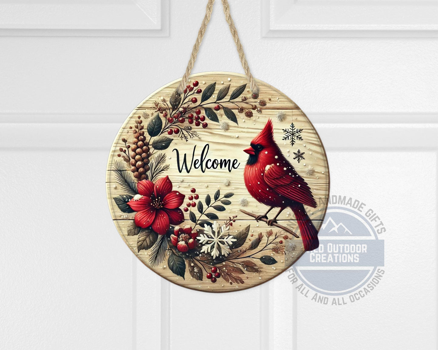 Cardinal Door Hanger - Winter Floral Wreath | Lightweight Aluminum Holiday Porch Sign