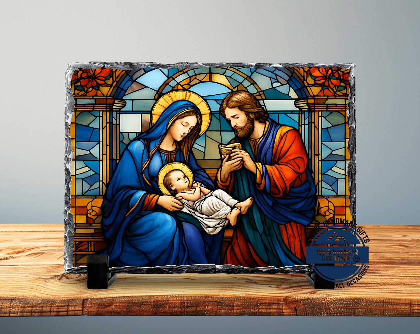 Holy Family Faux Stained Glass Slate Plaque, Mary Joseph Baby Jesus Religious Gift