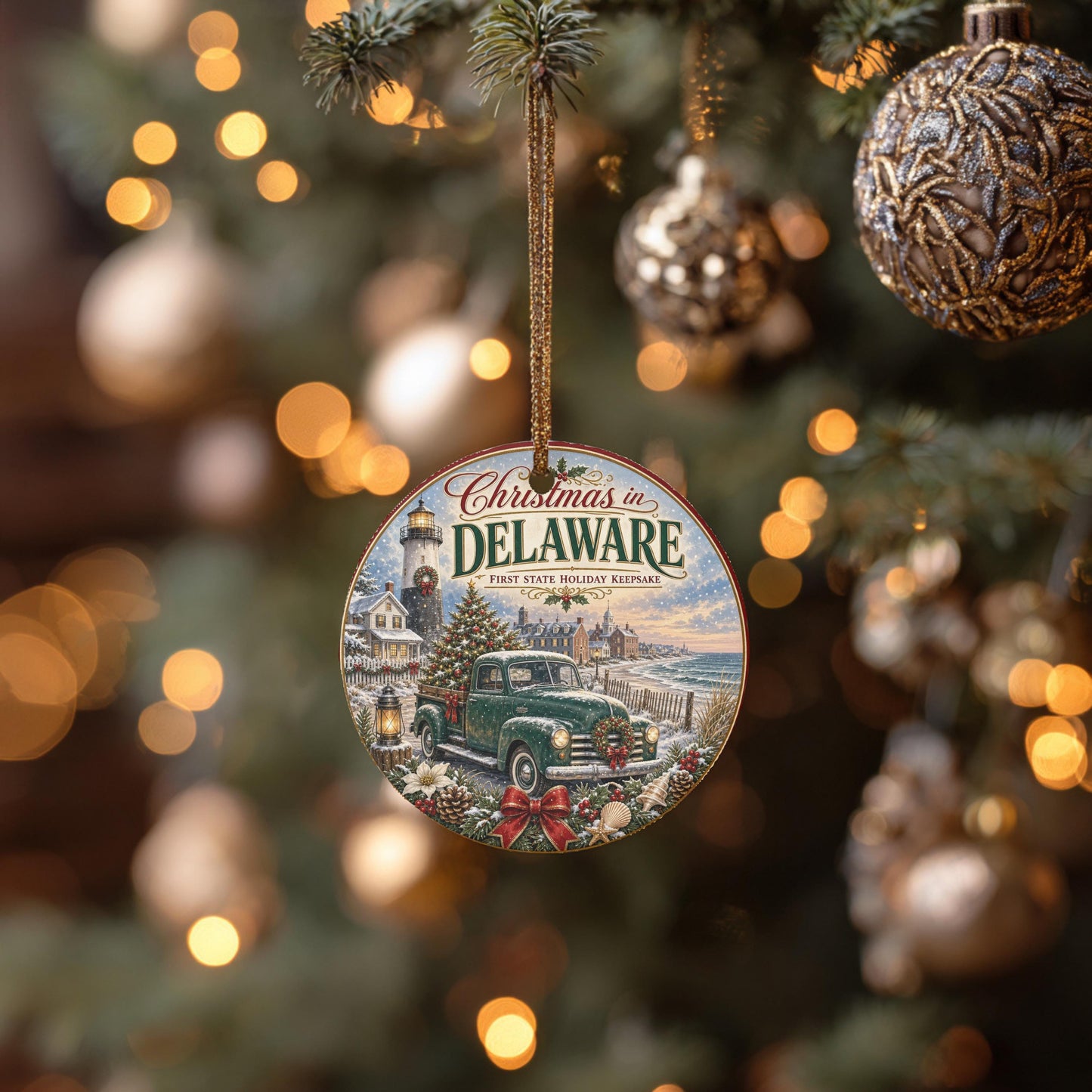 Delaware Christmas Ornament, Coastal Lighthouse Vintage Truck Art
