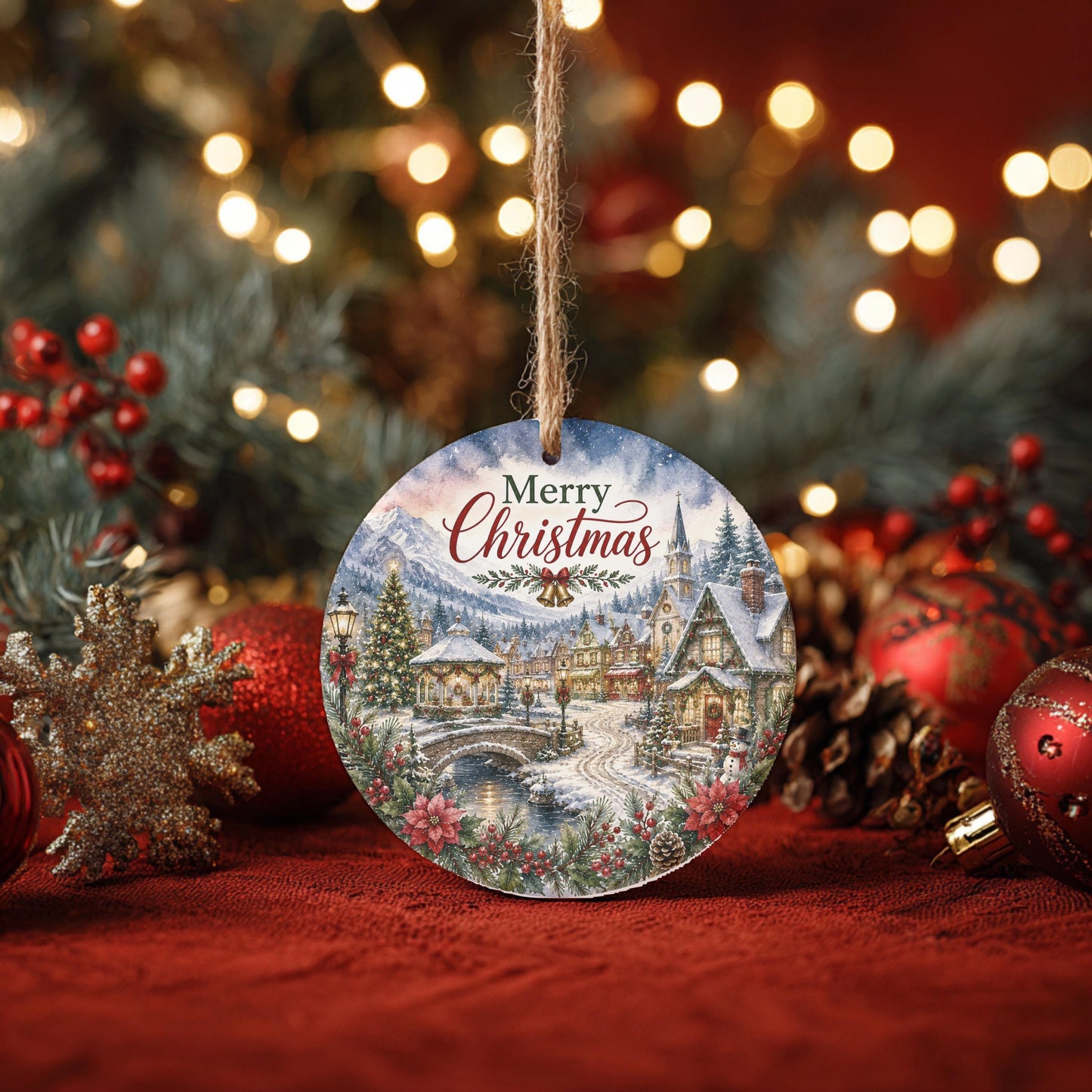 Ceramic Christmas Ornament, Snowy Church Village Scene, 3 Inch Round