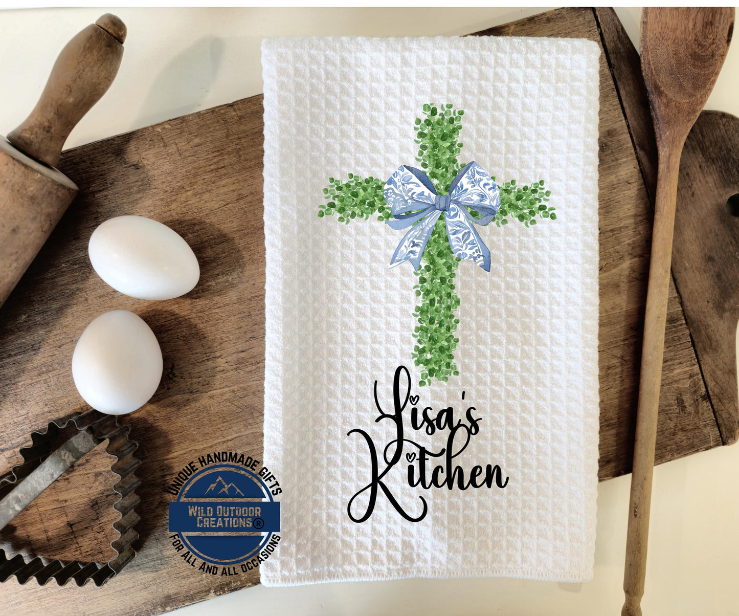 Personalized Kitchen Towel - Custom Name Cross Waffle Weave Easter Gift - detail view