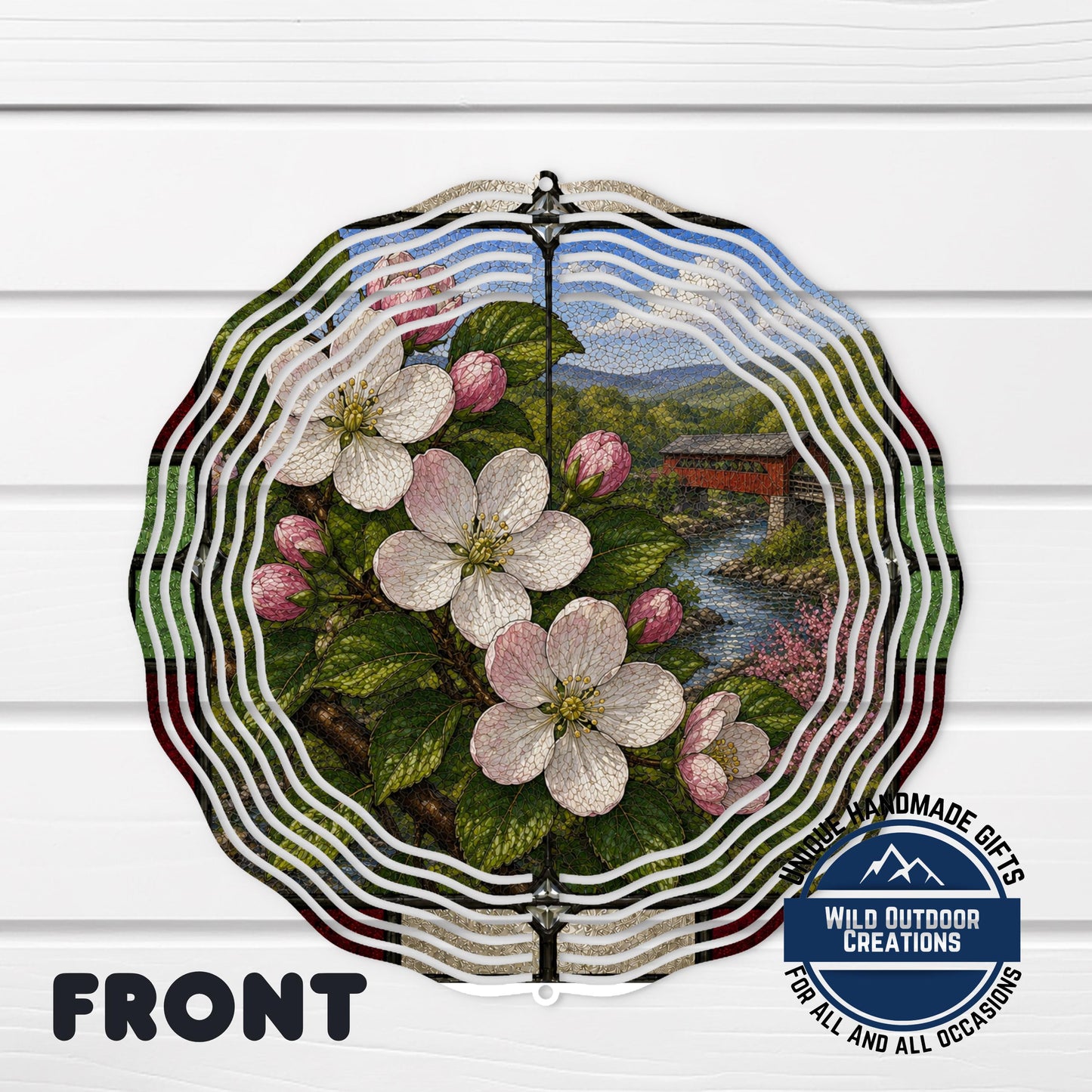 Apple Blossom Wind Spinner - Arkansas State Flower Stained Glass Style Outdoor Decor