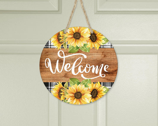 Aluminum Welcome Sign with Buffalo Plaid Sunflowers for Front Door Decor, Unique Gifts for New Home, Housewarming Gifts, Unique Front Porch
