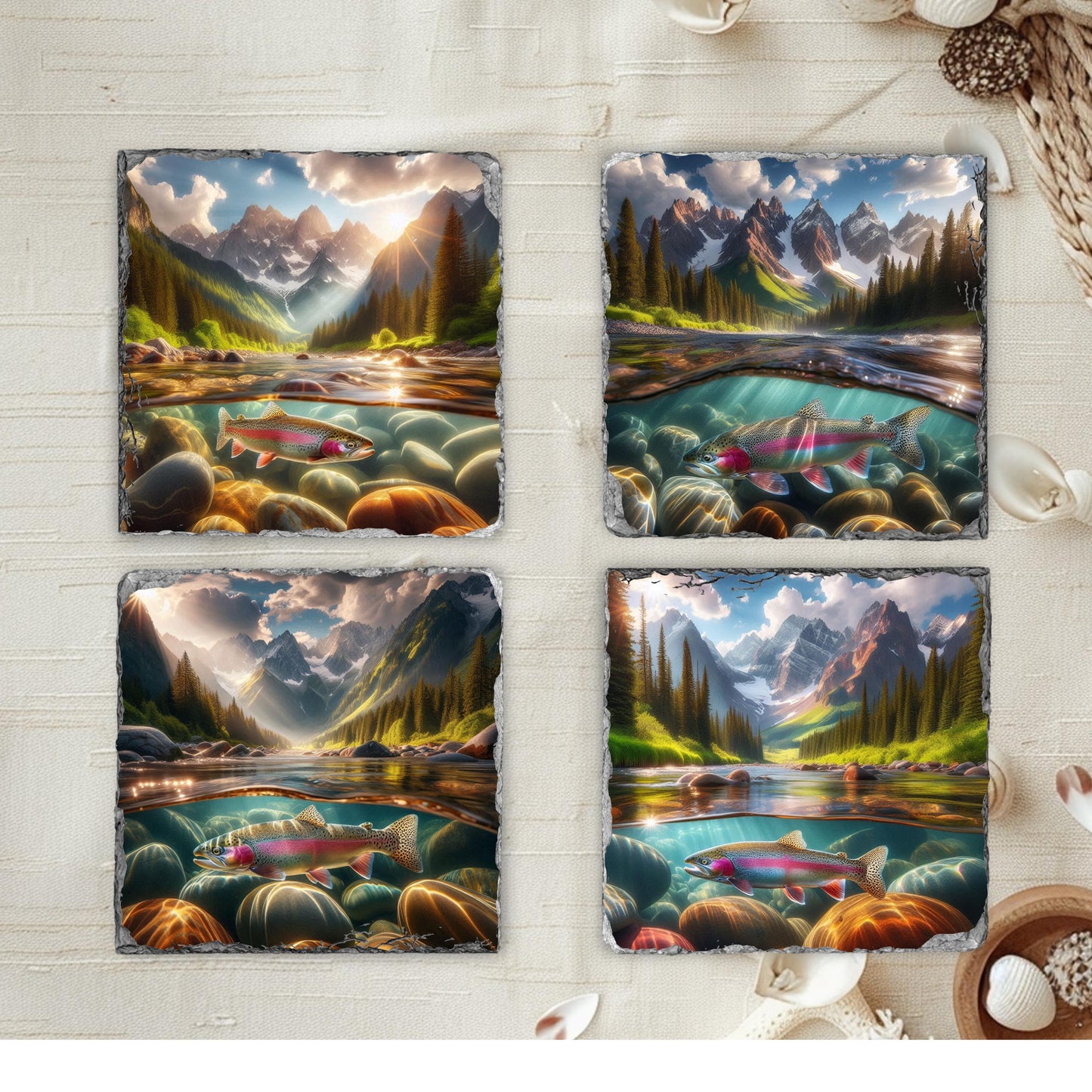 Rainbow Trout Slate Coaster Set with Fractured Edges - Ideal Gift for Fishermen and Outdoor Lovers