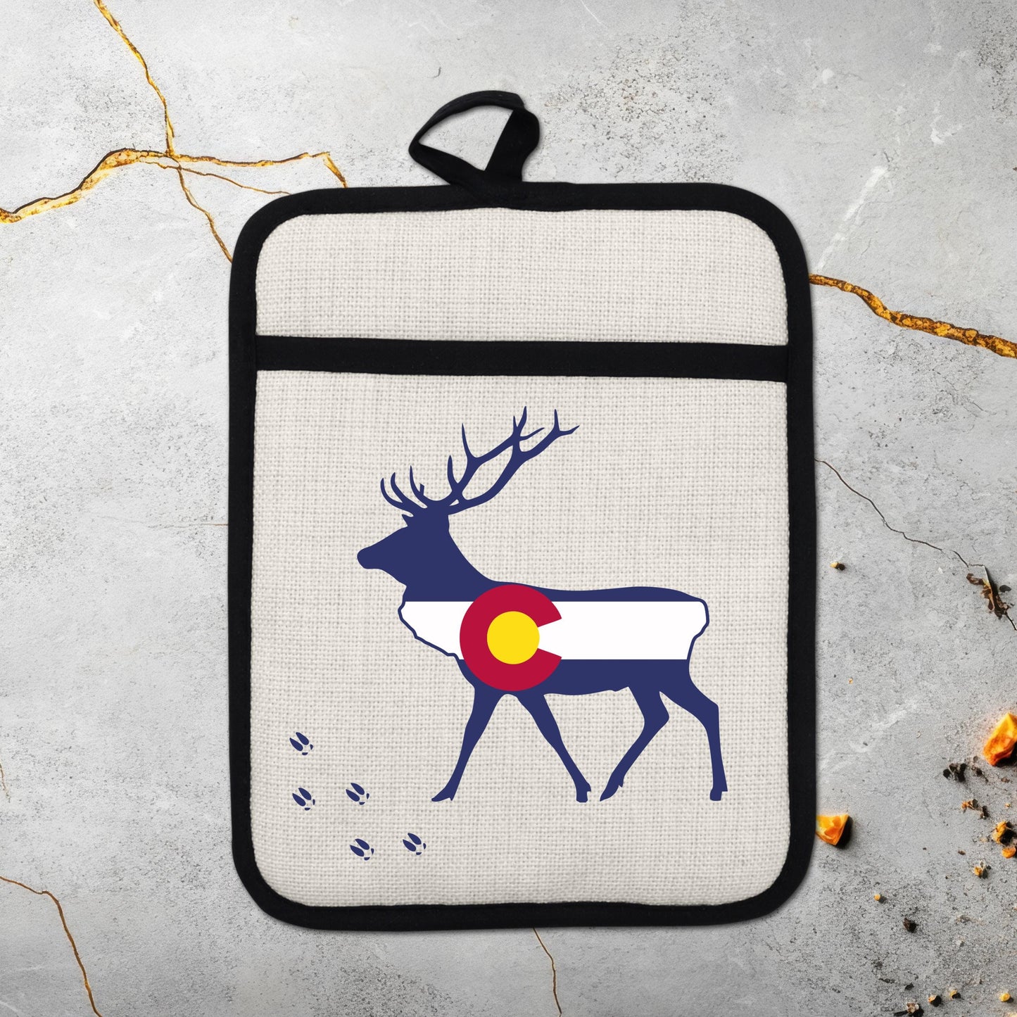 Elk Pot Holder - Colorado Linen With Silicone Back, Heat Resistant Trivet 9x7 Inches