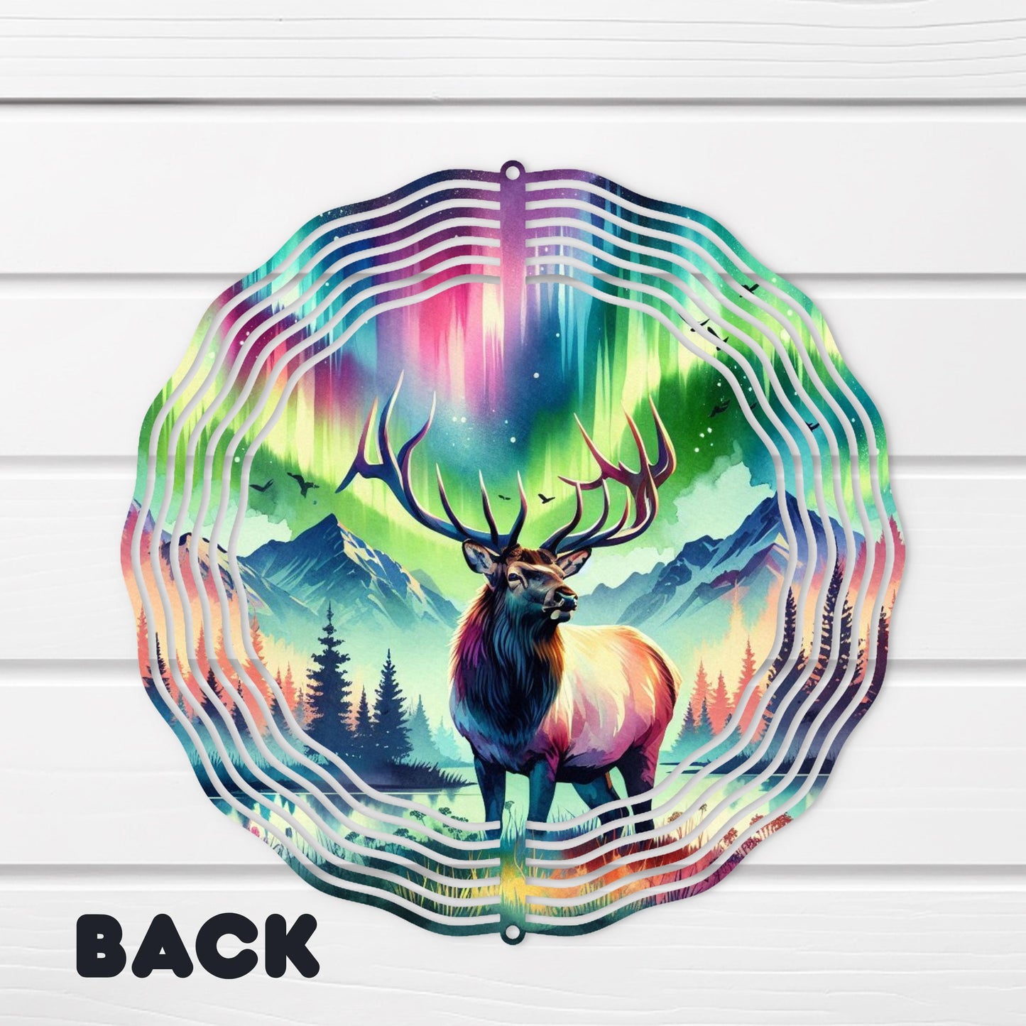 Elk Wind Spinner - 10x10 Double-Sided Outdoor Art with Watercolor Northern Lights Design