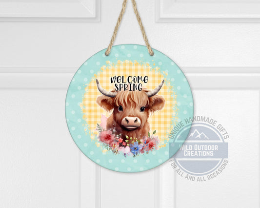 Welcome Spring Sign - Highland Cow Decor | Round Aluminum Front Porch Sign