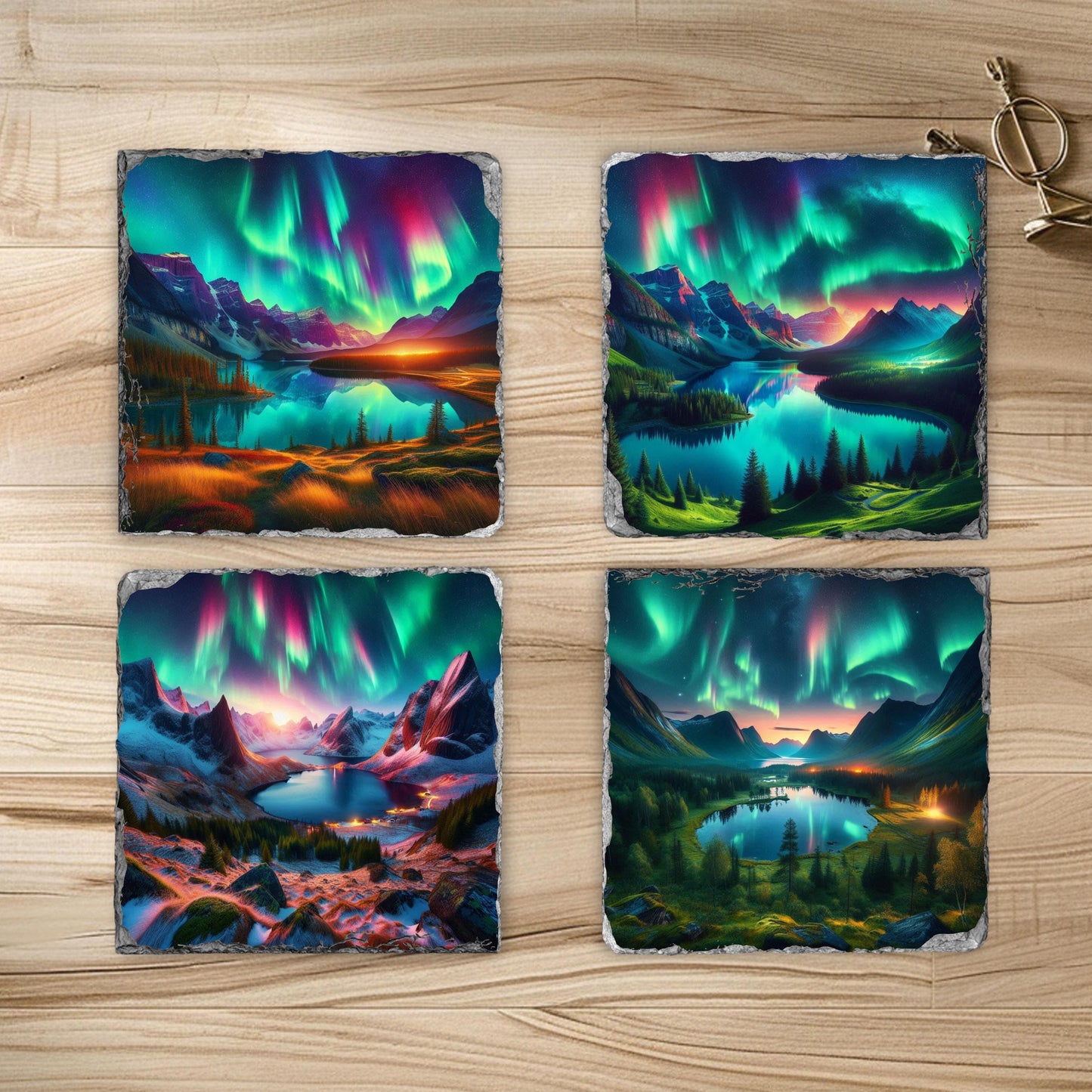 Mountain Lake Northern Lights Slate Coaster Set with Black Rack - Perfect Gift for Nature Lovers Featuring 4 Scenic Images and Fractured Edges