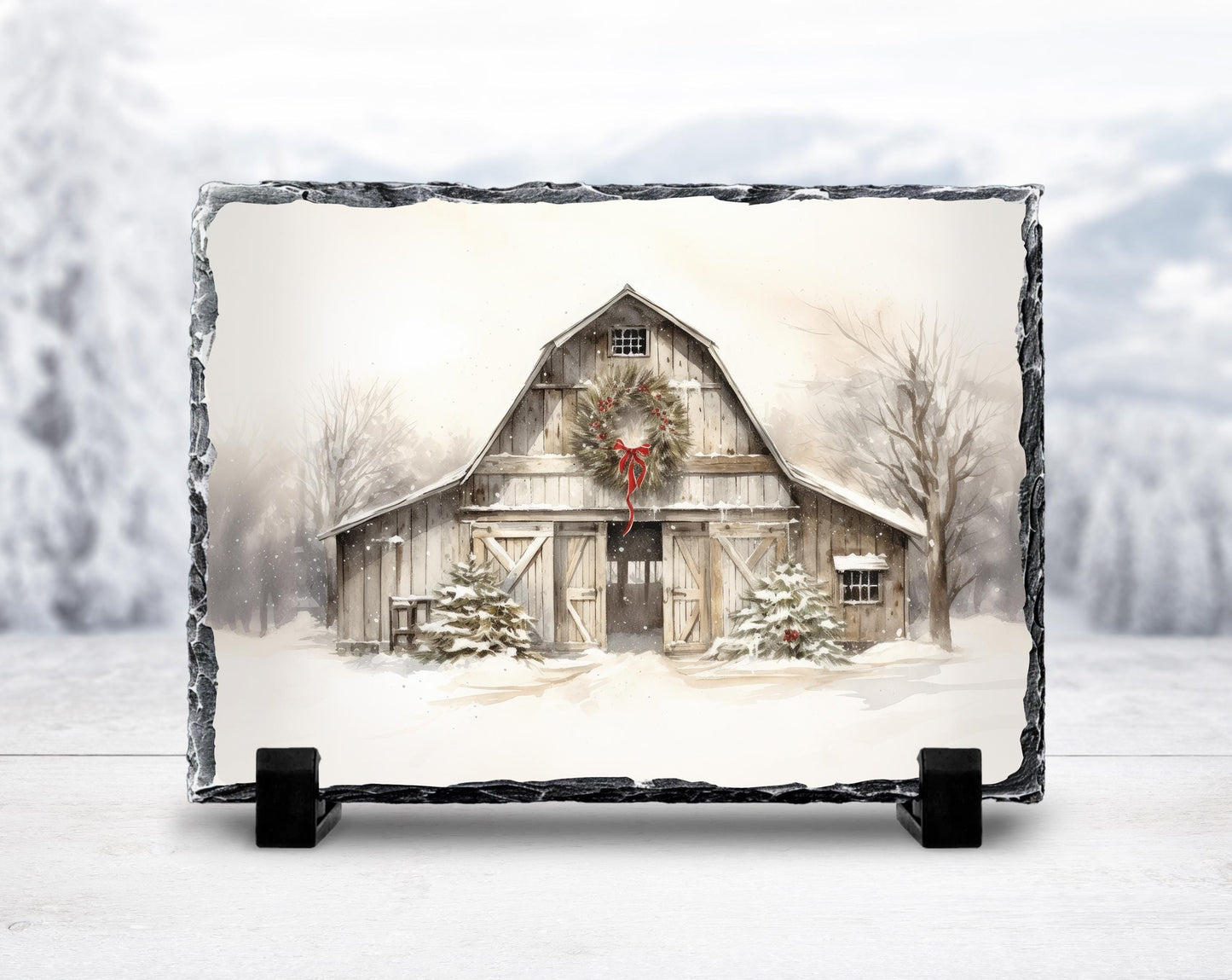 Rustic Christmas Slate Plaque with Barn Scene Wreath  Snow  Perfect Holiday Decor Gift