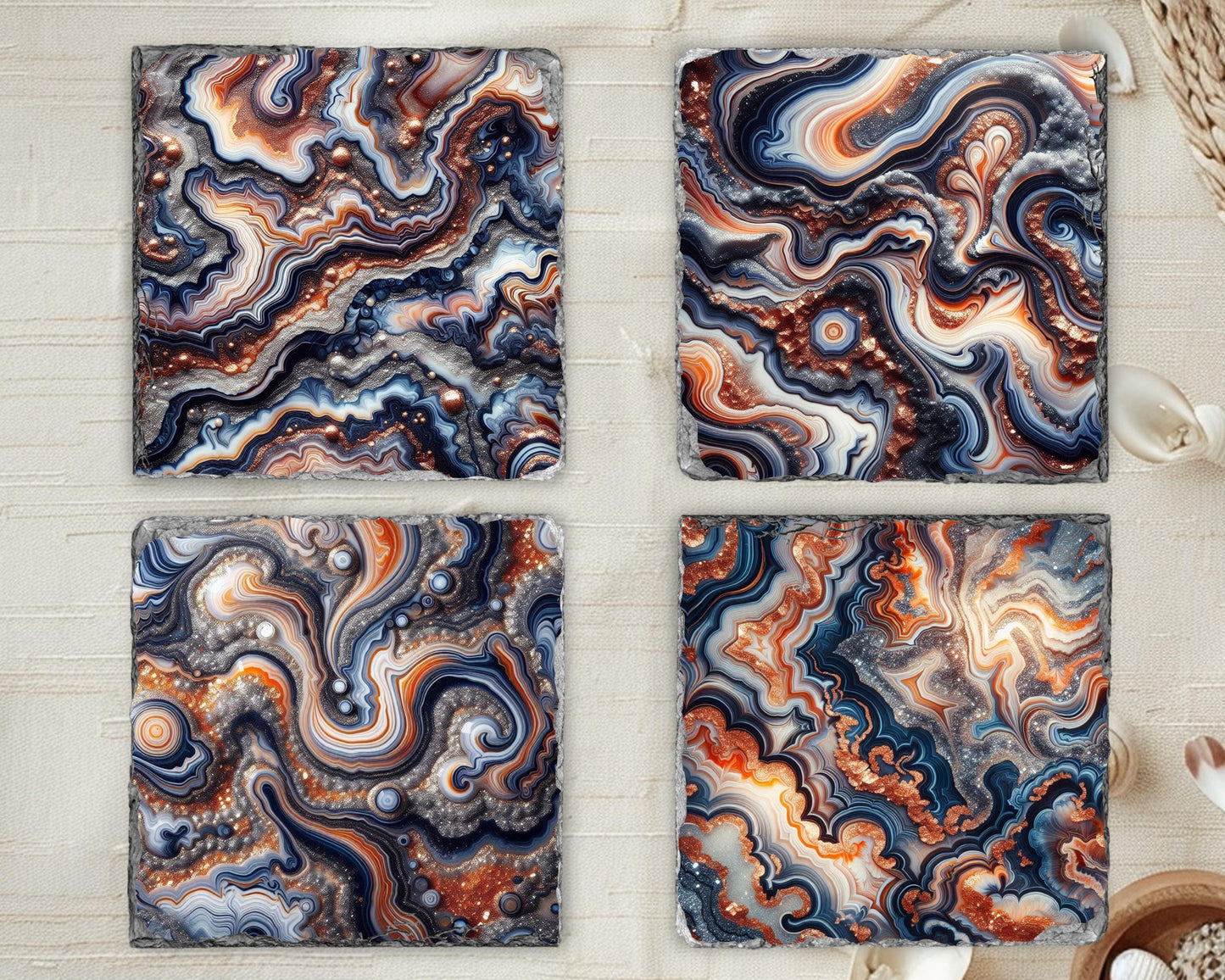 Blue Orange Silver Glitter Agate Coaster Set of 4 - Fractured Edge Boho Drinkware for Housewarming Gifts
