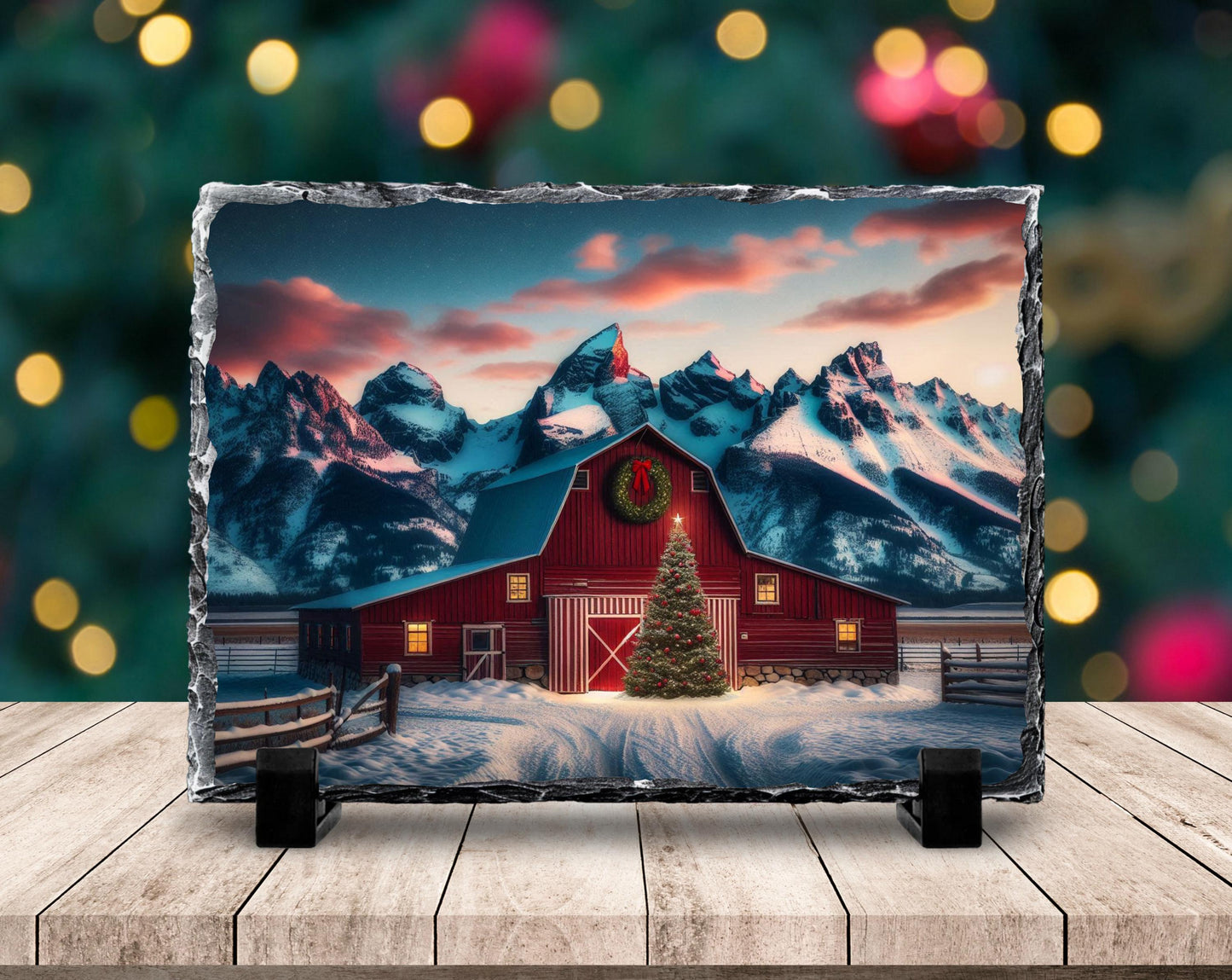Christmas Slate Sign with Red Barn  Mountain Scene - Fractured Edge Holiday Décor Gift