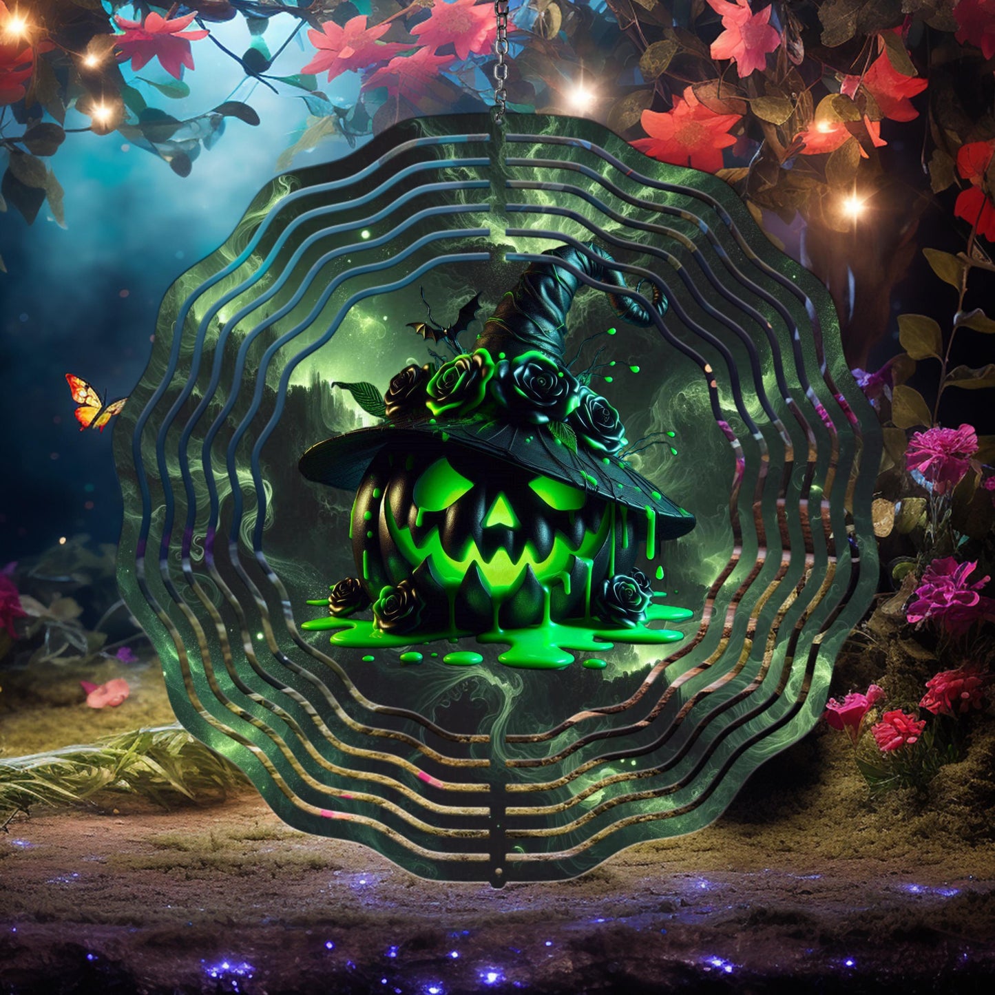 Jack-O-Lantern Wind Spinner - Neon Green UV-Protected Aluminum Garden Decor