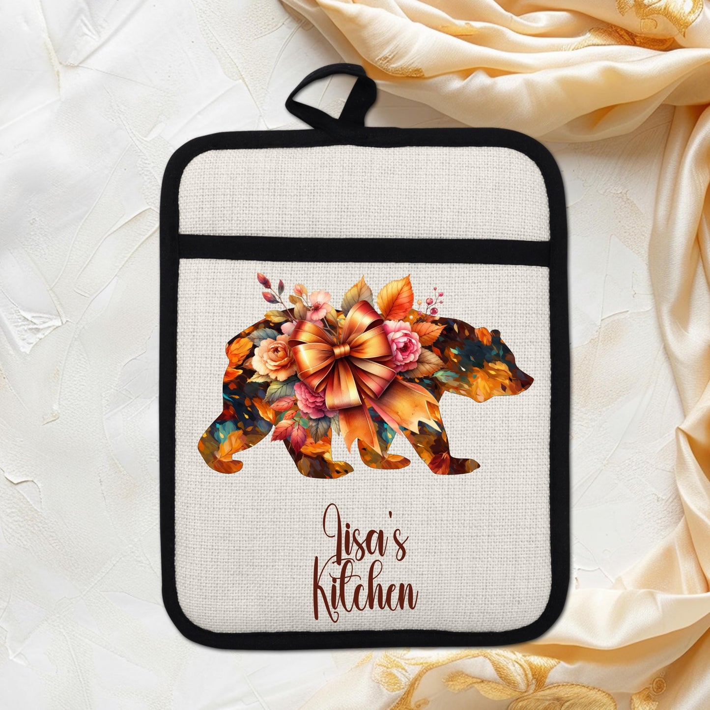 Personalized Autumn Bear Potholder with Pocket - 9x7 Non-Slip Silicone Baking Essential