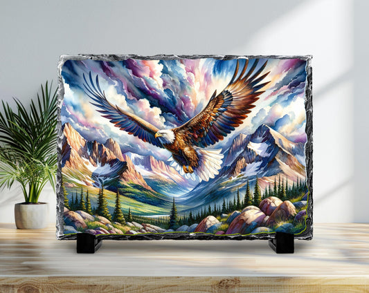 Watercolor Eagle Slate Plaque - Majestic Eagle in Flight Over Mountain Valley Rustic Wildlife Decor
