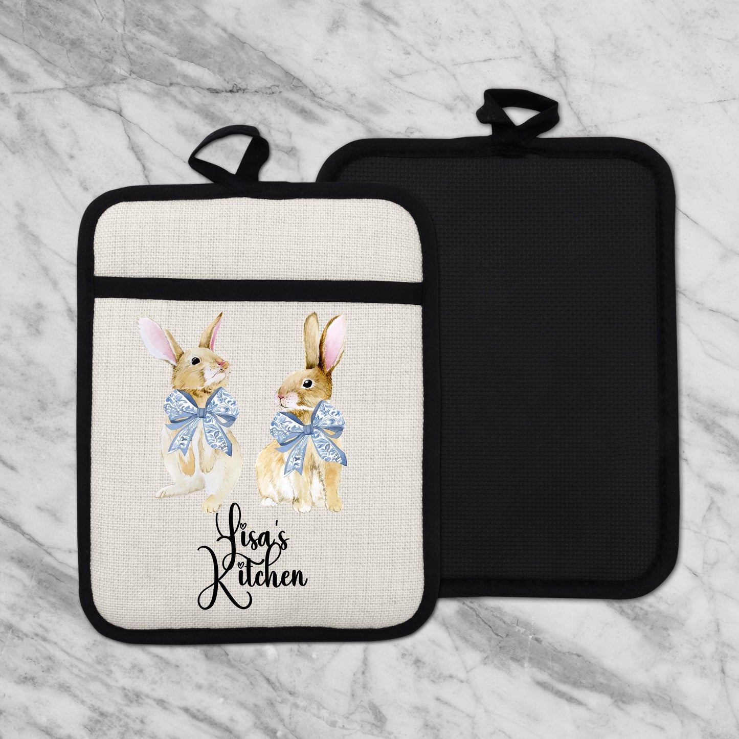 Personalized Easter Pot Holder - Custom Bunny Kitchen Gift with Chinoiserie Blue Design - additional product photo 11