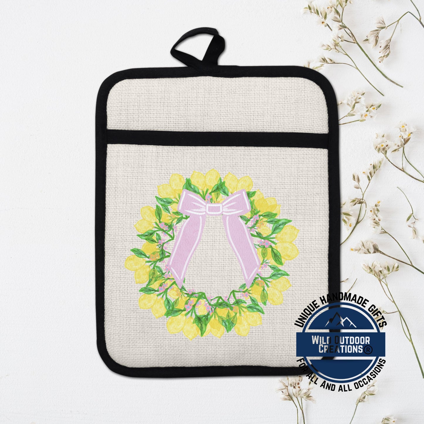 Lemon Wreath Pot Holder - Non Slip Potholder With Pocket | Floral Kitchen Gift - scale and size reference