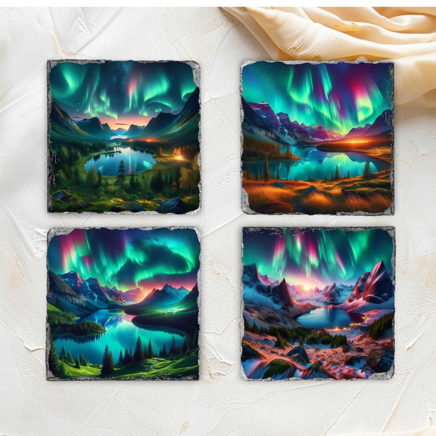Mountain Lake Northern Lights Slate Coaster Set with Black Rack - Perfect Gift for Nature Lovers Featuring 4 Scenic Images and Fractured Edges
