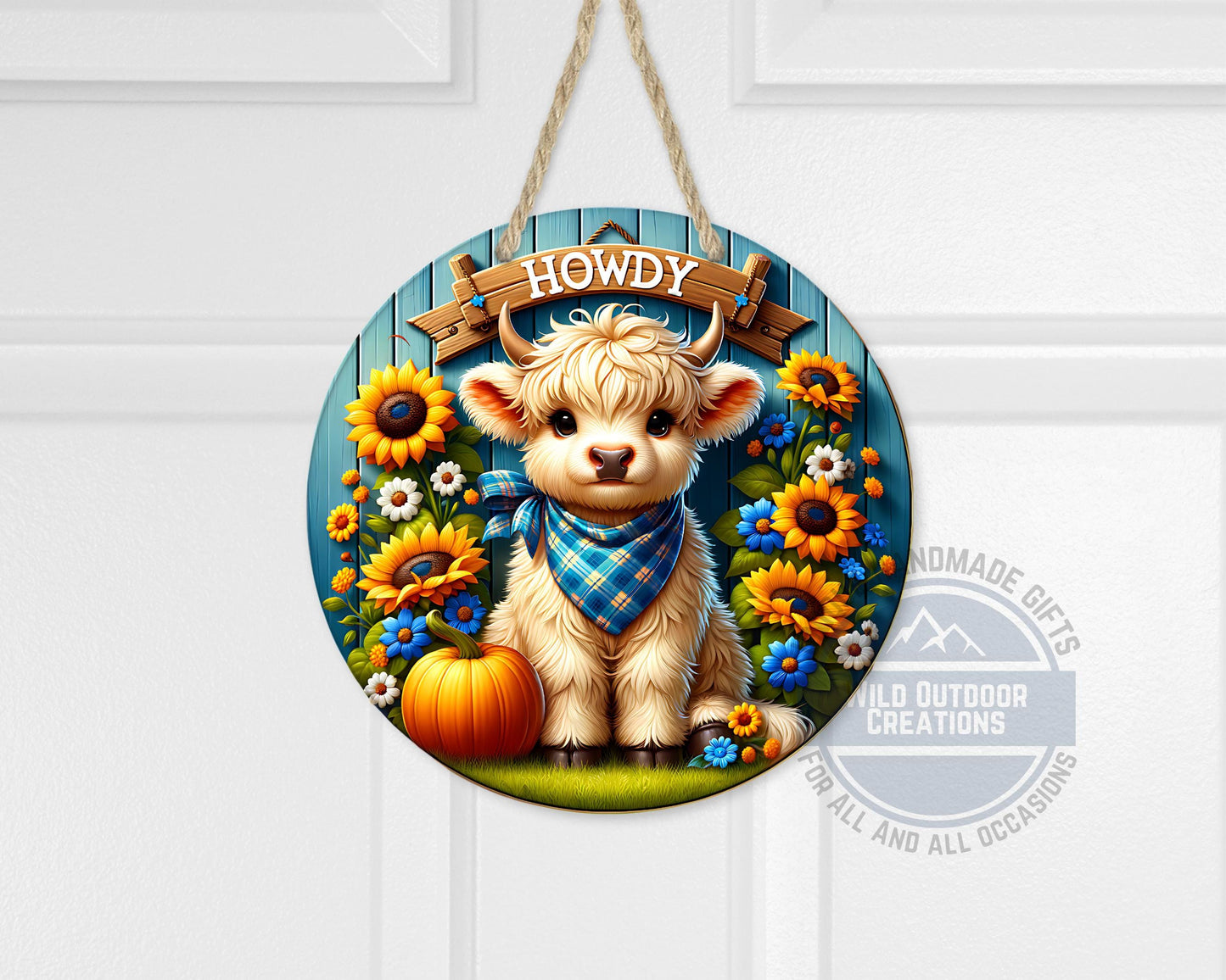 Farmhouse Door Hanger - Aluminum Round Sign with Highland Cow Decor, Blue Plaid