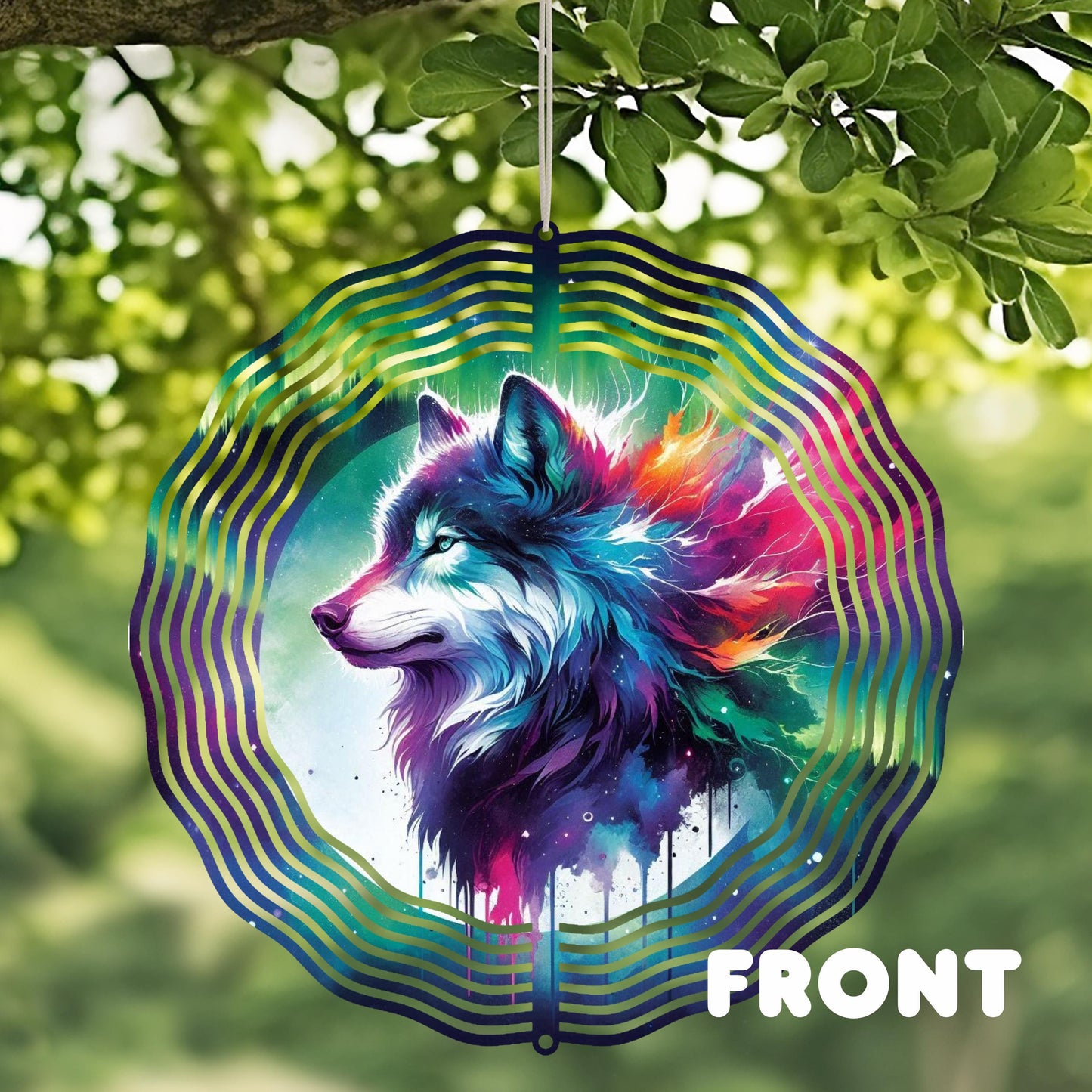 Double-Sided Wolf Profile Wind Spinner with Northern Lights Mountain Scene - Outdoor Art 10x10