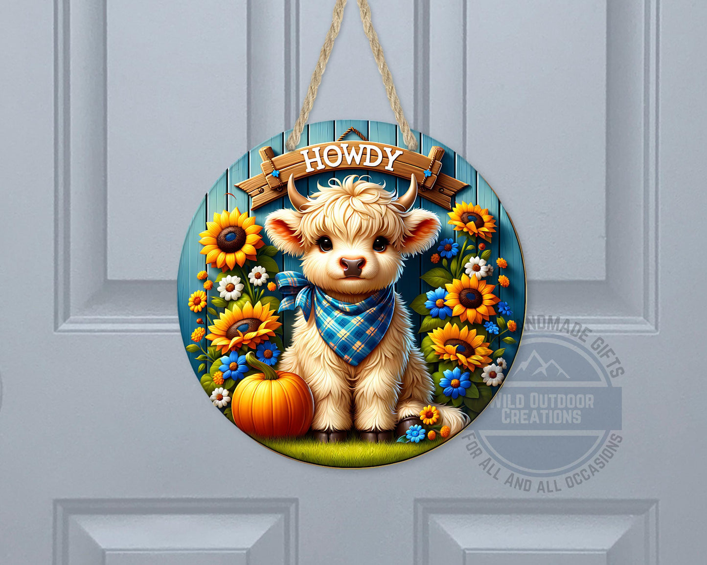 Farmhouse Door Hanger - Aluminum Round Sign with Highland Cow Decor, Blue Plaid