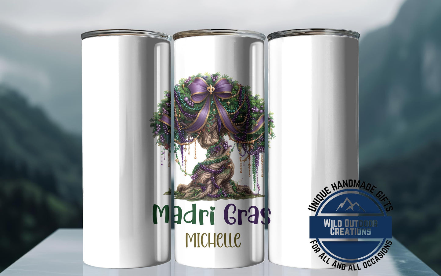 Mardi Gras Skinny Tumbler - Custom Name Glow In Dark Cup | Vacuum Insulated 20oz & 30oz - product dimensions and specifica...