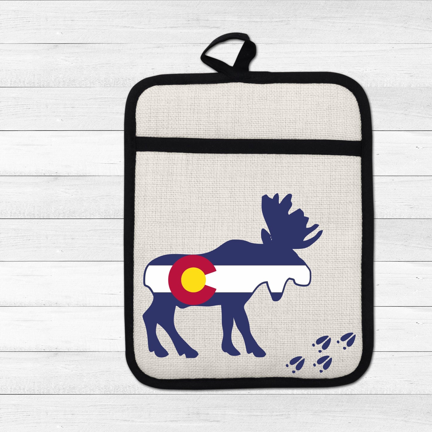 Colorado Moose Pot Holder - Heat Resistant Trivet with Silicone Back & Linen Fabric Front