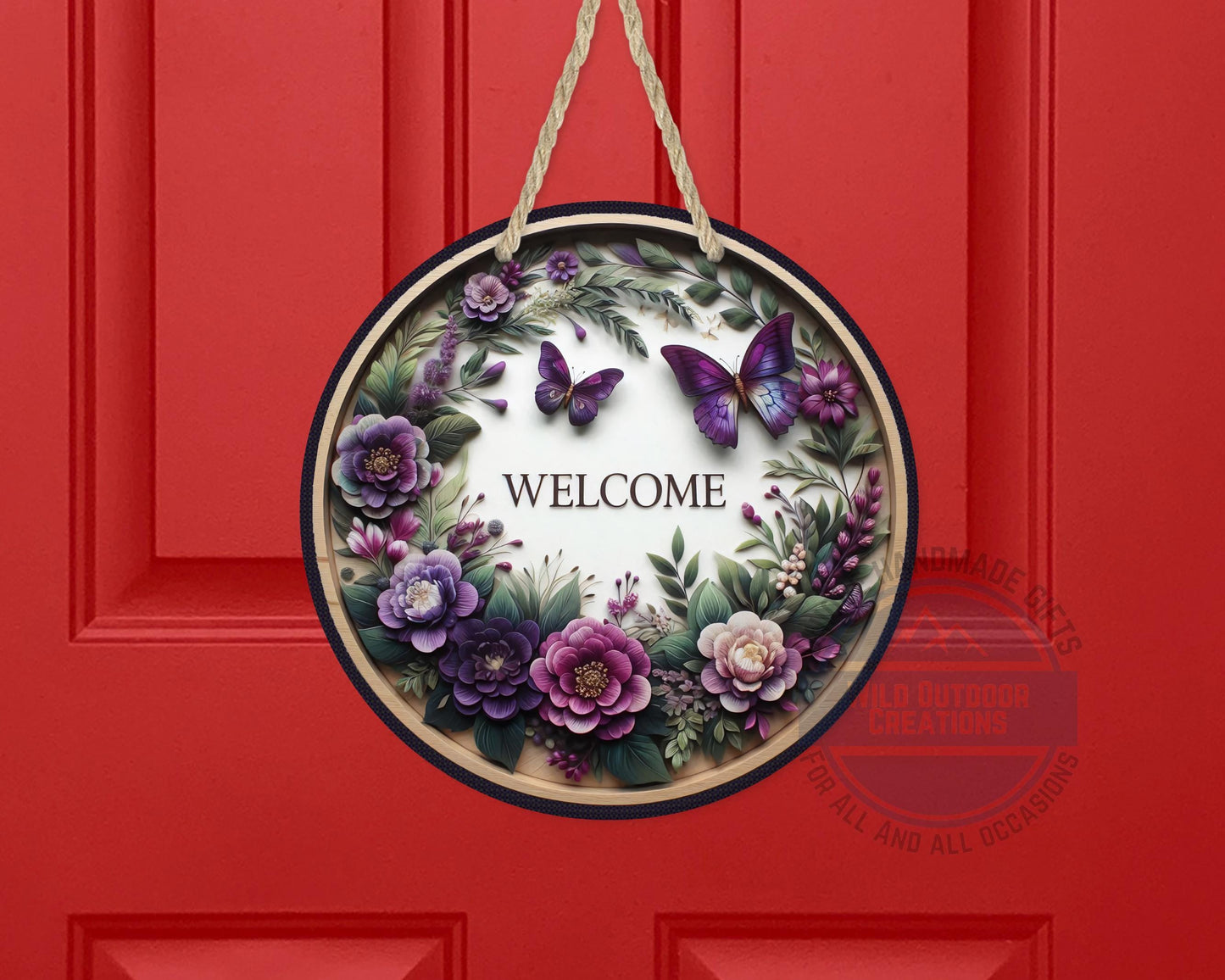 Welcome Door Hanger - Purple Floral Butterfly Porch Sign | Weather Resistant Aluminum
