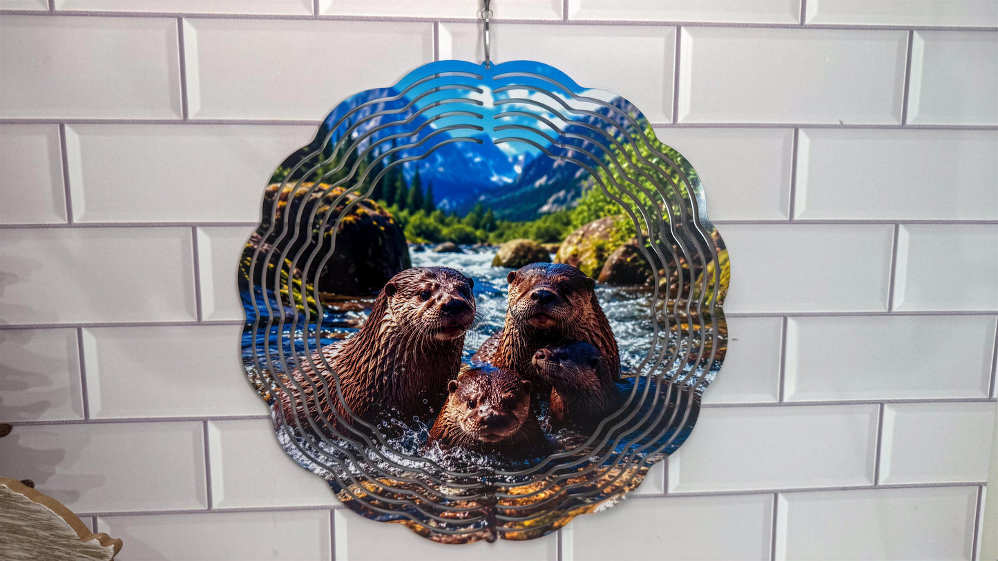 Family Otter 10 Inch Wind Spinner, Wildlife Porch Decor - 360 Swivel | Indoor Outdoor Accent