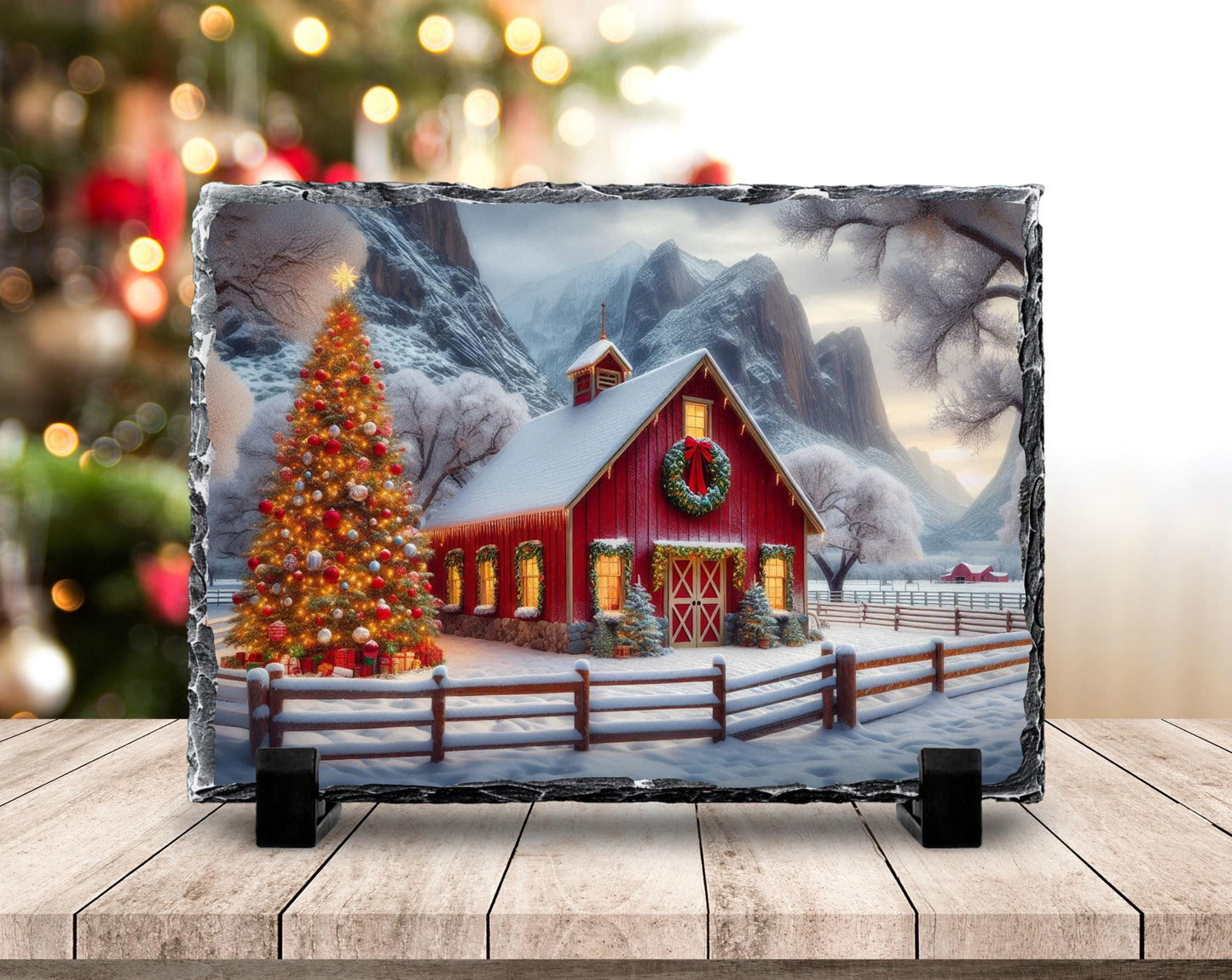 Rustic Slate Plaque with Christmas Barn Scene Tree  Wreath  Perfect Holiday Gift