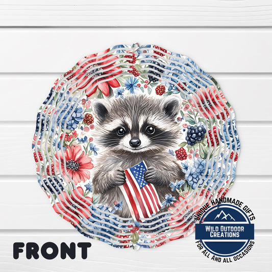 Patriotic Raccoon Spinner - Aluminum Outdoor Wind Spinner With American Flag Decor