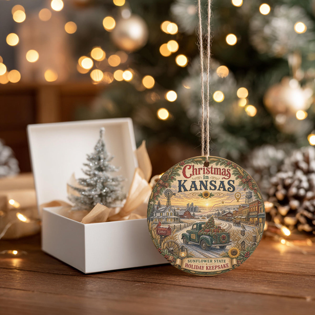 Kansas Christmas Ornament | Vintage Green Truck Ceramic Keepsake, 3 Inch