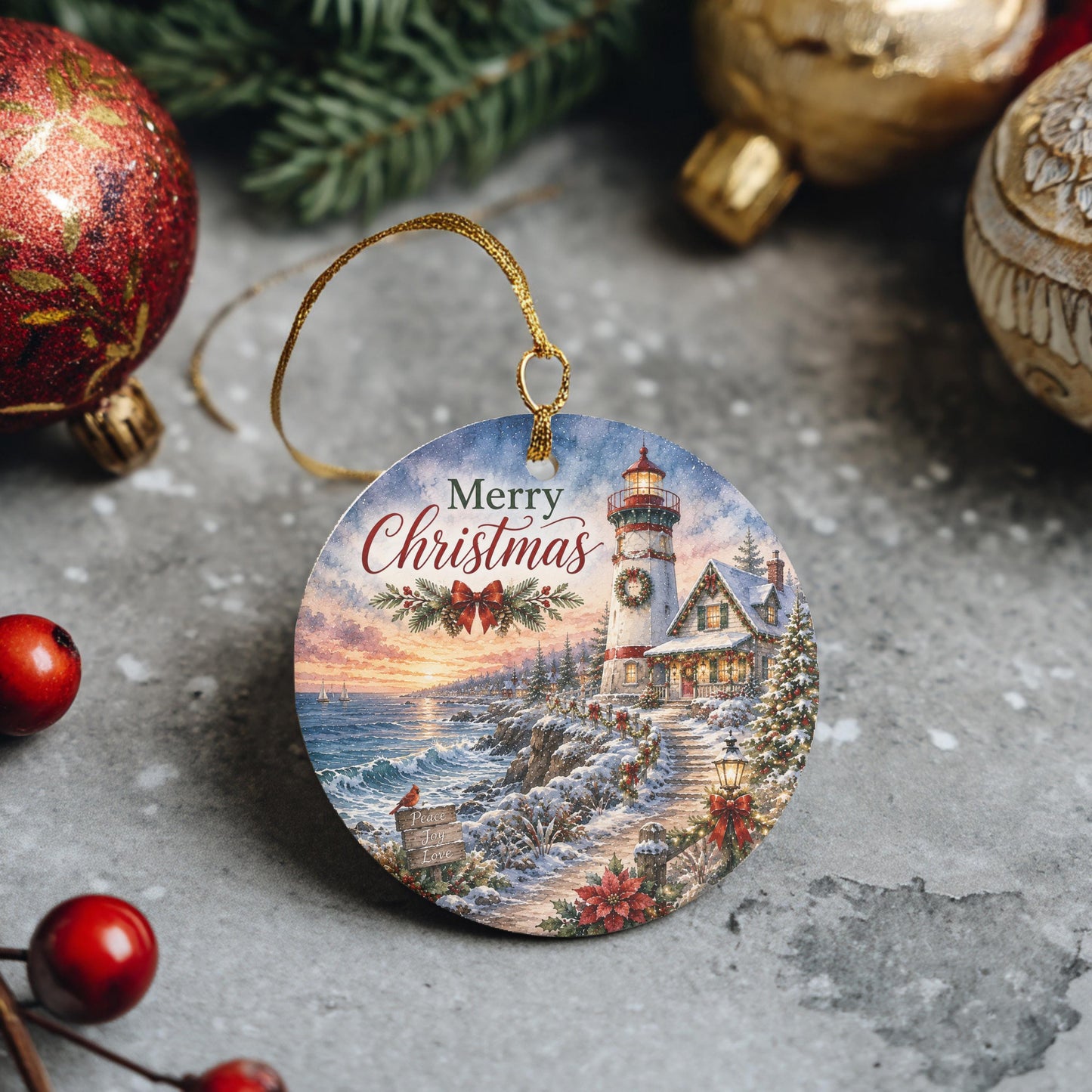 Lighthouse Christmas Ornament, Snowy Coastal Scene | Ceramic 3 Inch