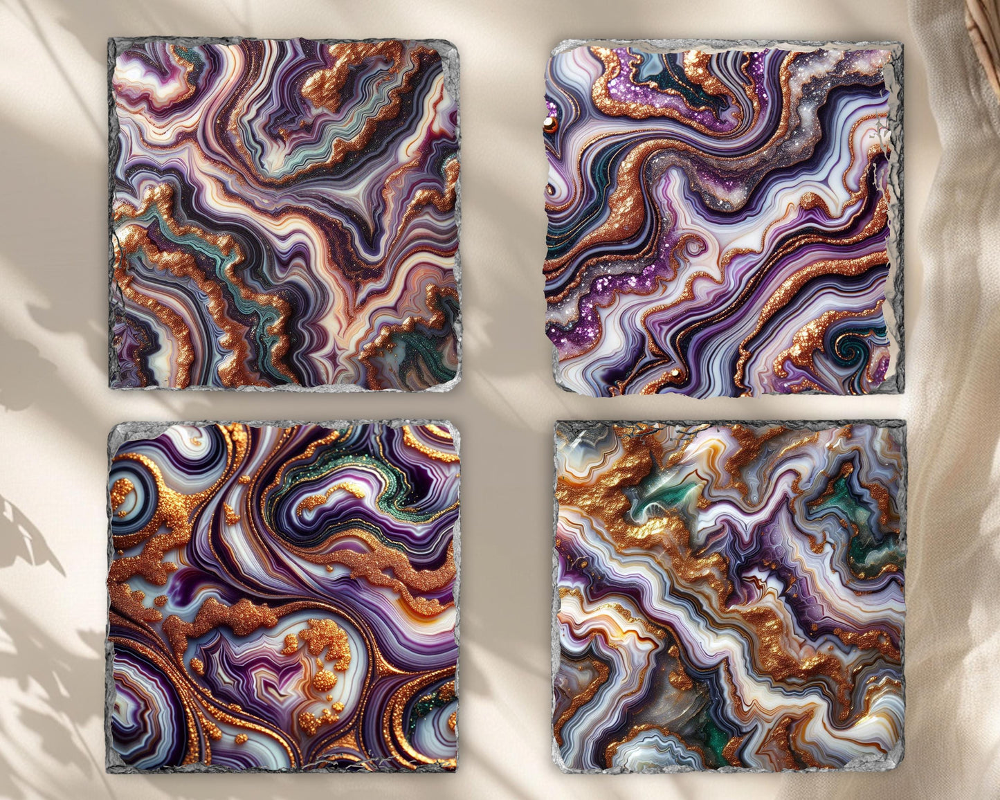 Mardi Gras Coaster Set of 4 - Purple Gold Glitter  Green Agate  Perfect Boho Housewarming Gift