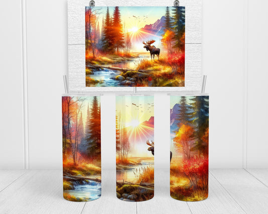 Moose Tumbler - Rustic Autumn Travel Cup with Mountain Sunset Scene for Nature Lovers