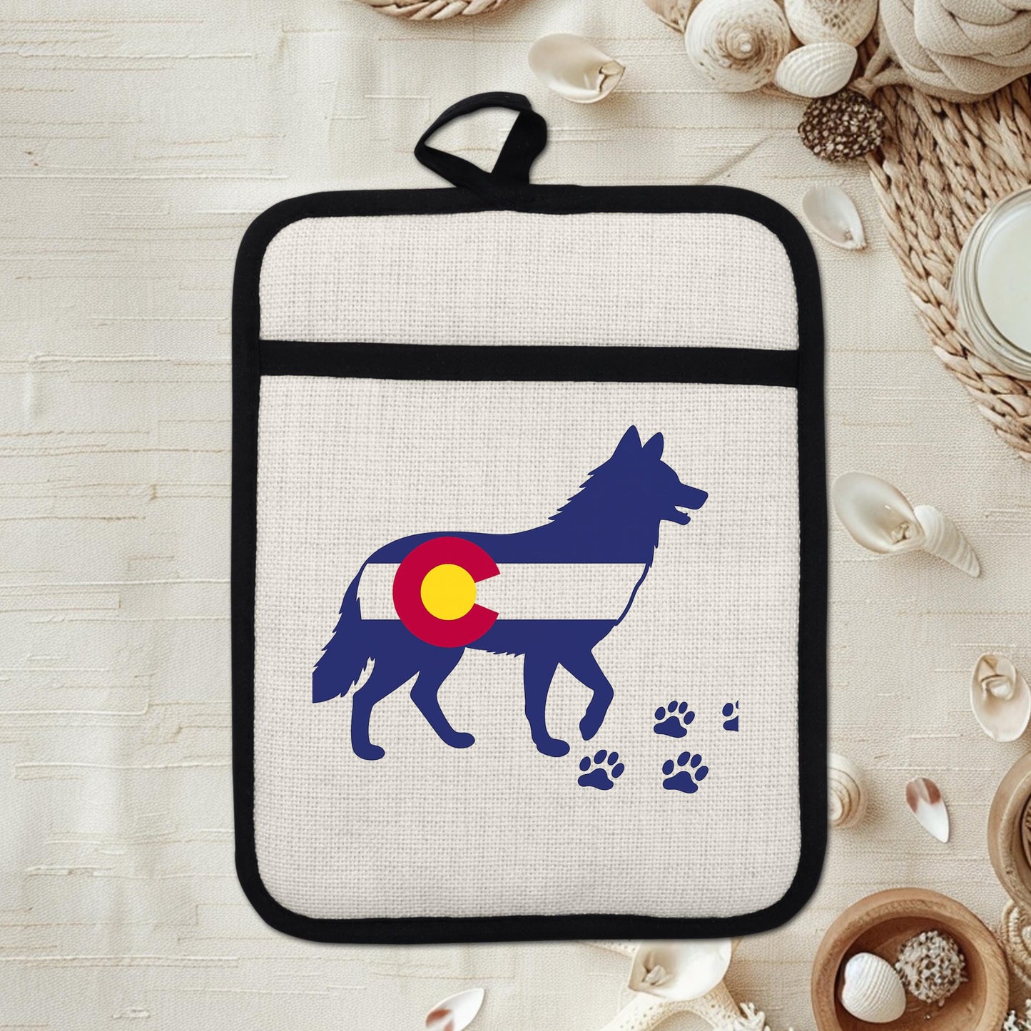 Colorado Wolf Pot Holder - Linen Front, Silicone Trivet, Heat Resistant Pad