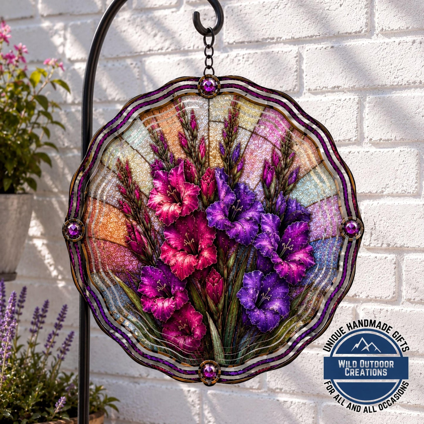 August Birth Flower Gladiolus Wind Spinner 10 Inch Faux Stained Glass Metal Garden Decor