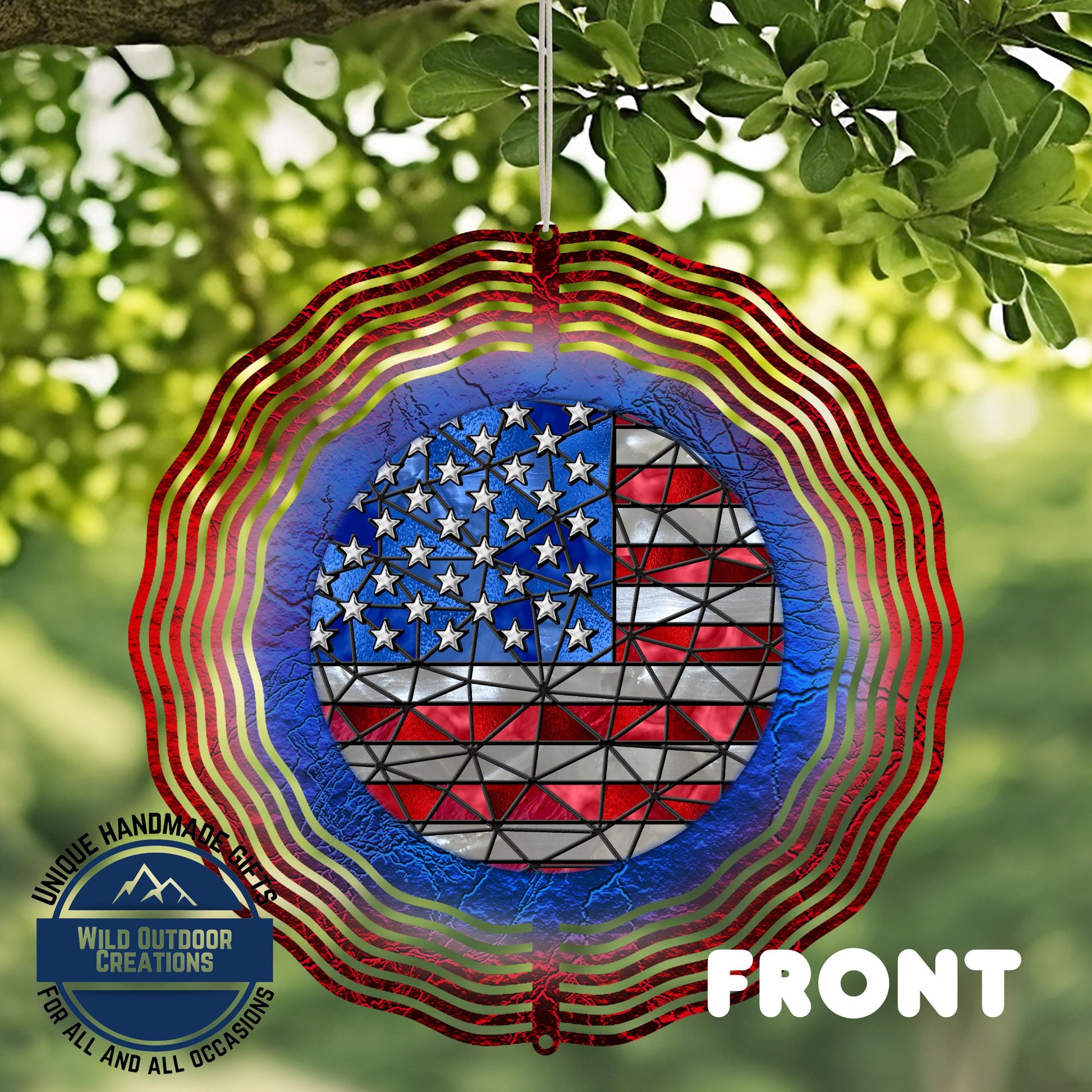 a patriotic American flag design on a wind chime, with the word "FRONT" prominently displayed.