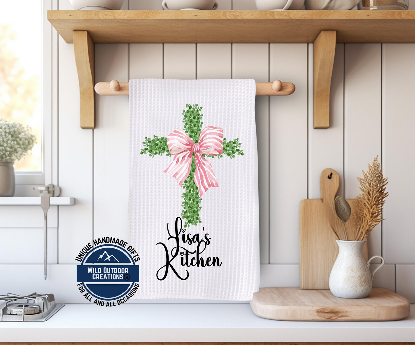 Personalized Kitchen Towel - Custom Name Cross Design with Pink Bow | Easter Gift