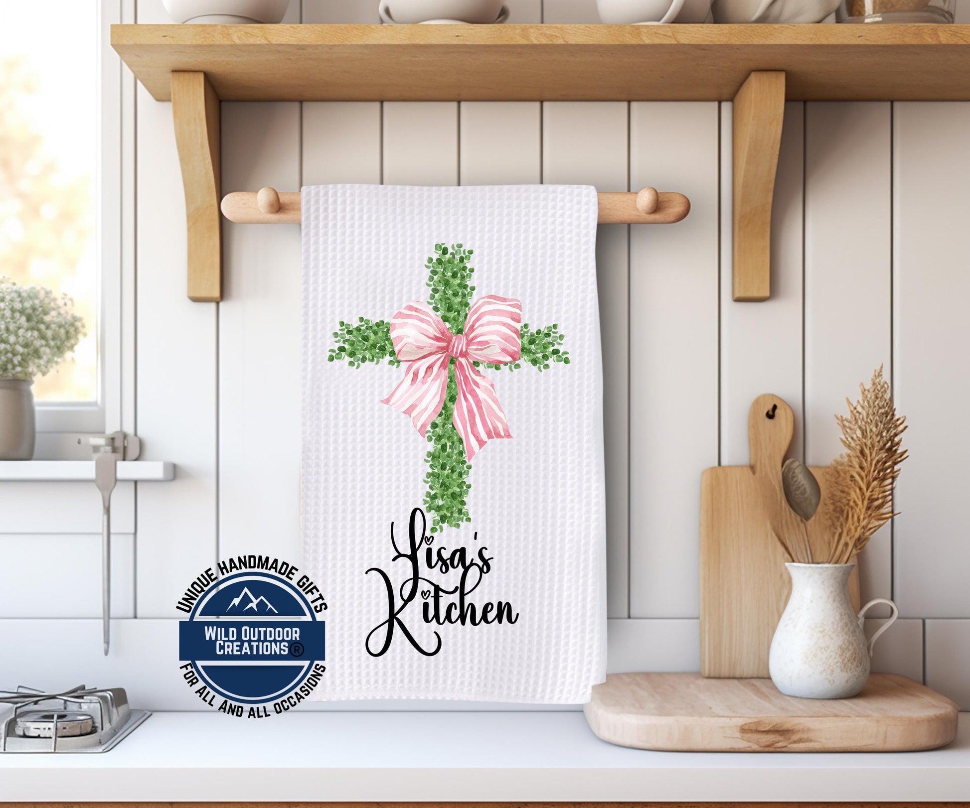 Personalized Kitchen Towel - Custom Name Cross Design with Pink Bow | Easter Gift